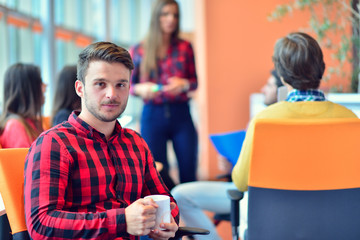 Portrait of an handsome businessman in front of his working team