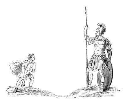 David and Goliath, vintage engraving.