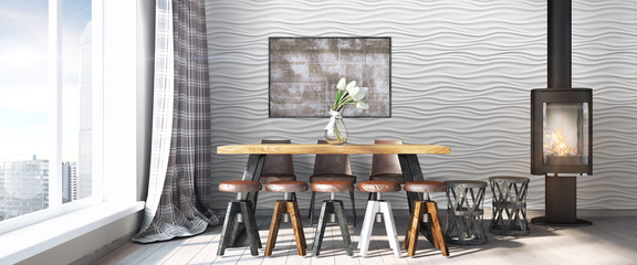 Modern bright interior . 3D render