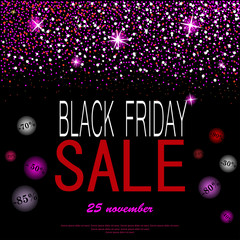 eps 10 vector Black friday night sell-out poster. Sale and discount advertising banner for web, print. Luxury stylish pink glitter, shiny falling stars