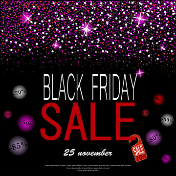 eps 10 vector Black friday night sell-out poster. Sale and discount advertising banner for web, print. Luxury stylish pink glitter, shiny falling stars