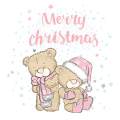 Cute bear in a cap and a scarf. Vector illustration for a card or poster. Print on clothes. Winter holidays. Christmas and New Year.