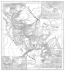 Map of Panama Canal, vintage engraving.