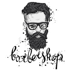 Stylish man with a beard. Man with long hair and glasses. Vector illustration for a card or poster. Print on clothes. Barbershop. Hipster.