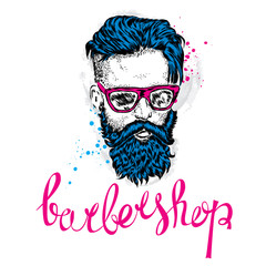 Stylish man with a beard. Man with long hair and glasses. Vector illustration for a card or poster. Print on clothes. Barbershop. Hipster.