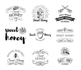 Sweet Honey. Beehive. Spoon of Honey. Flower. Honeycomb. A bee and a jar of Honey. Labels and Badges Set. Illustration Vector Isolated Elements Honey