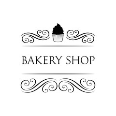 Bakery Shop. vintage label with chocolate cupcake. filigree ornate frame.