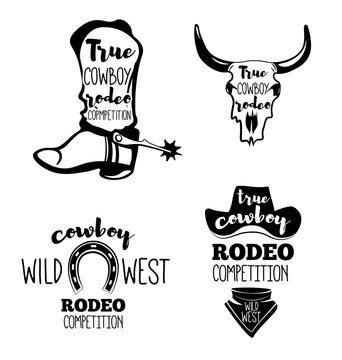 Wild West. Set of vintage rodeo emblems, labels, badges and designed elements.