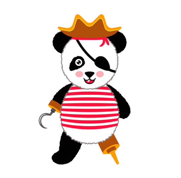 Cute panda pirate standing with hat and hook. Vector Illustration