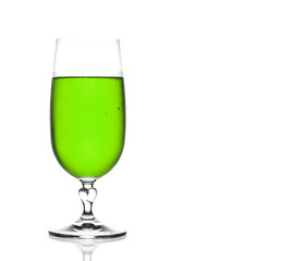 front view apple wine or green wine chilled in clear glass with