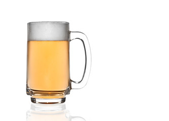 front view frosty ale beer and white bubbles in clear glass with