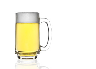 front view frosty light beer and white bubbles in clear glass wi