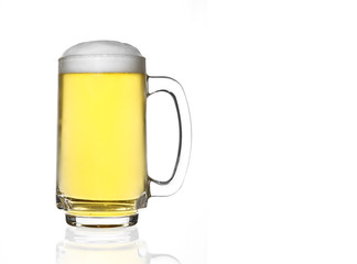 front view frosty lager light beer full glass and white bubbles in cle