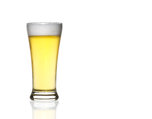 front view frosty light beer full glass in clear glass with whit