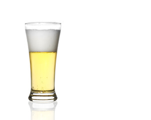 front view frosty light beer half cup in clear glass with white
