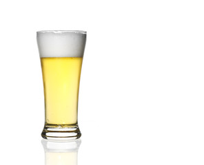 front view frosty lager light beer in clear glass with white bubbles a