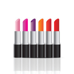 Cosmetics store display products of color lipsticks on white bac