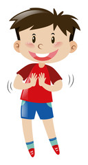 Fototapeta premium Little boy in red shirt and blue shorts