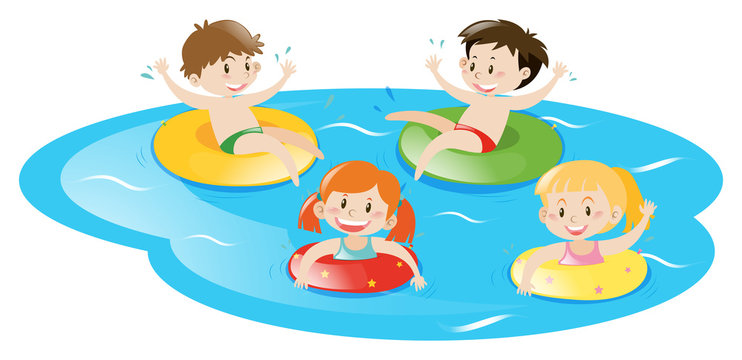 Four kids swimming in pool