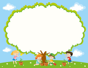 Frame template with kids planting tree in garden