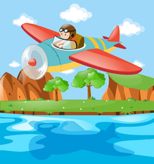 Pilot flying plane over the river