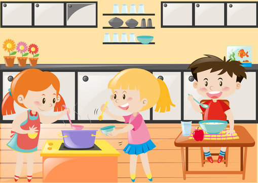 Three kids cooking and eating in kitchen