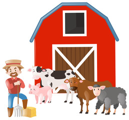 Farmer and many farm animals
