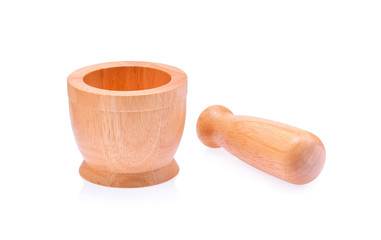 Wooden mortar and pestle isolated on white background