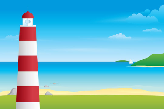 Sky and sea with lighthouse on an island. Vector illustration