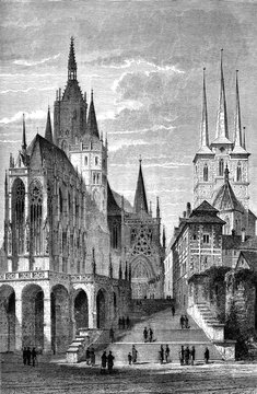 Erfurt Cathedral, Vintage Engraving.