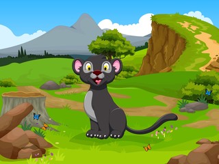 funny black panther cartoon in the jungle with landscape background