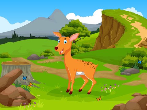 funny deer cartoon in the jungle with landscape background