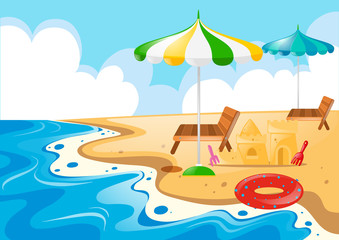 Beach scene with chairs and umbrellas