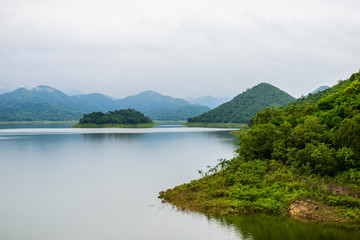 Obraz na płótnie Canvas Landscape Natrue and a water mist at Kaeng Krachan Dam.