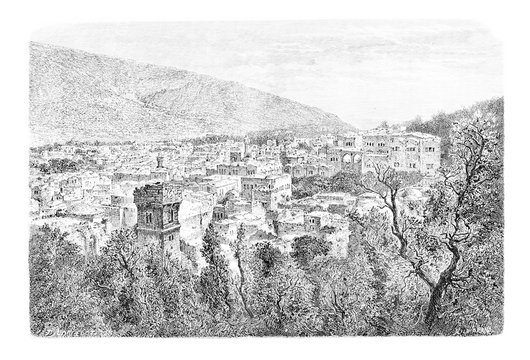 City of Nablus in West Bank, Israel, vintage engraving