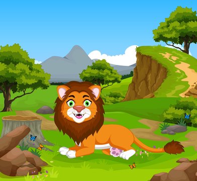 funny lion cartoon in the jungle with landscape background