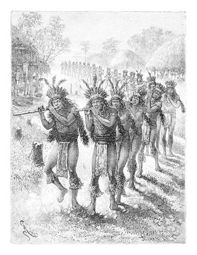 Native Music and Dance in Oiapoque, Brazil, vintage engraving