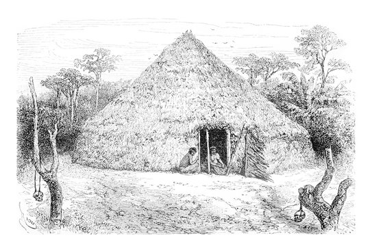 Dwellings of the Orejone Indians in Amazonas, Brazil, vintage en