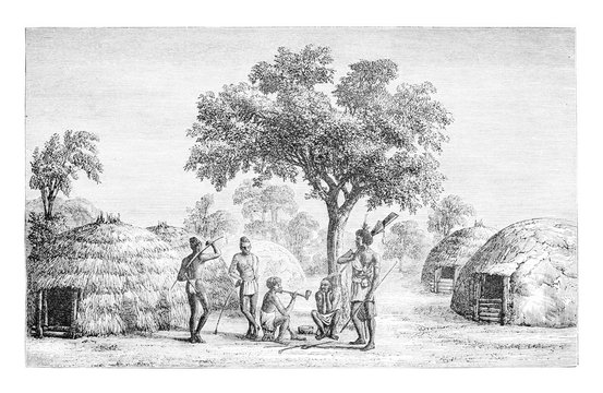 Tribesmen of Mandombe in Congo, Central Africa, vintage engravin