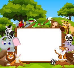 Obraz na płótnie Canvas funny animal cartoon with blank sign and forest background