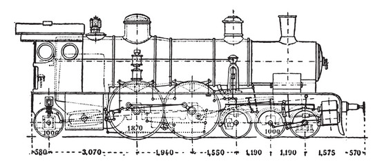 Krauss locomotive has axle auxiliary motor, vintage engraving. © Morphart