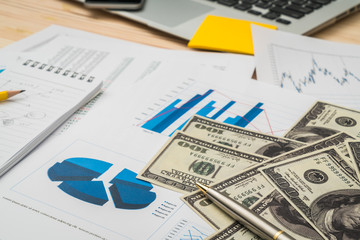 Financial charts on the table with laptop , phone ,dollars bankn