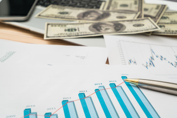 Financial charts on the table with laptop , phone ,dollars bankn
