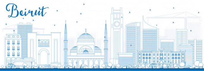 Naklejka premium Zarysuj panoramę Bejrutu z niebieskimi budynkami.