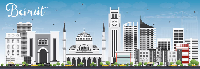 Fototapeta premium Bejrut Skyline z szarymi budynkami i błękitnym niebem.