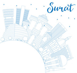 Fototapeta premium Outline Surat Skyline with Blue Buildings and Copy Space.