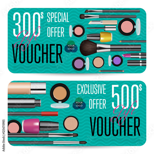 "Cosmetics gift voucher template. Gift coupon with fashion makeup