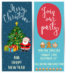 Invitation on Christmas party with date and time. Cheerful Santa, gifts, decorated christmas tree, gingerbread cookies cartoon vectors. Merry Christmas and happy New Year greetings. Xmas celebrating