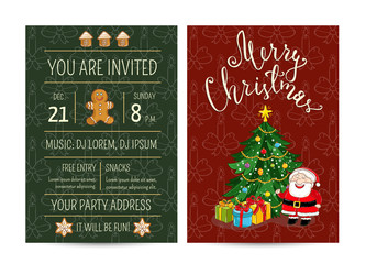 Invitation on Christmas party with date and time. Cute Santa, wrapped gifts, decorated christmas tree, gingerbread cookies cartoon vector. Merry Christmas and happy New Year greeting. Xmas celebrating
