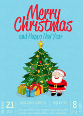 Fototapeta na wymiar Christmas party promo poster with date and time. Santa, wrapped gifts, decorated toys Christmas tree cartoon vector on blue background. Merry Christmas and Happy New Year greetings. Xmas celebrating